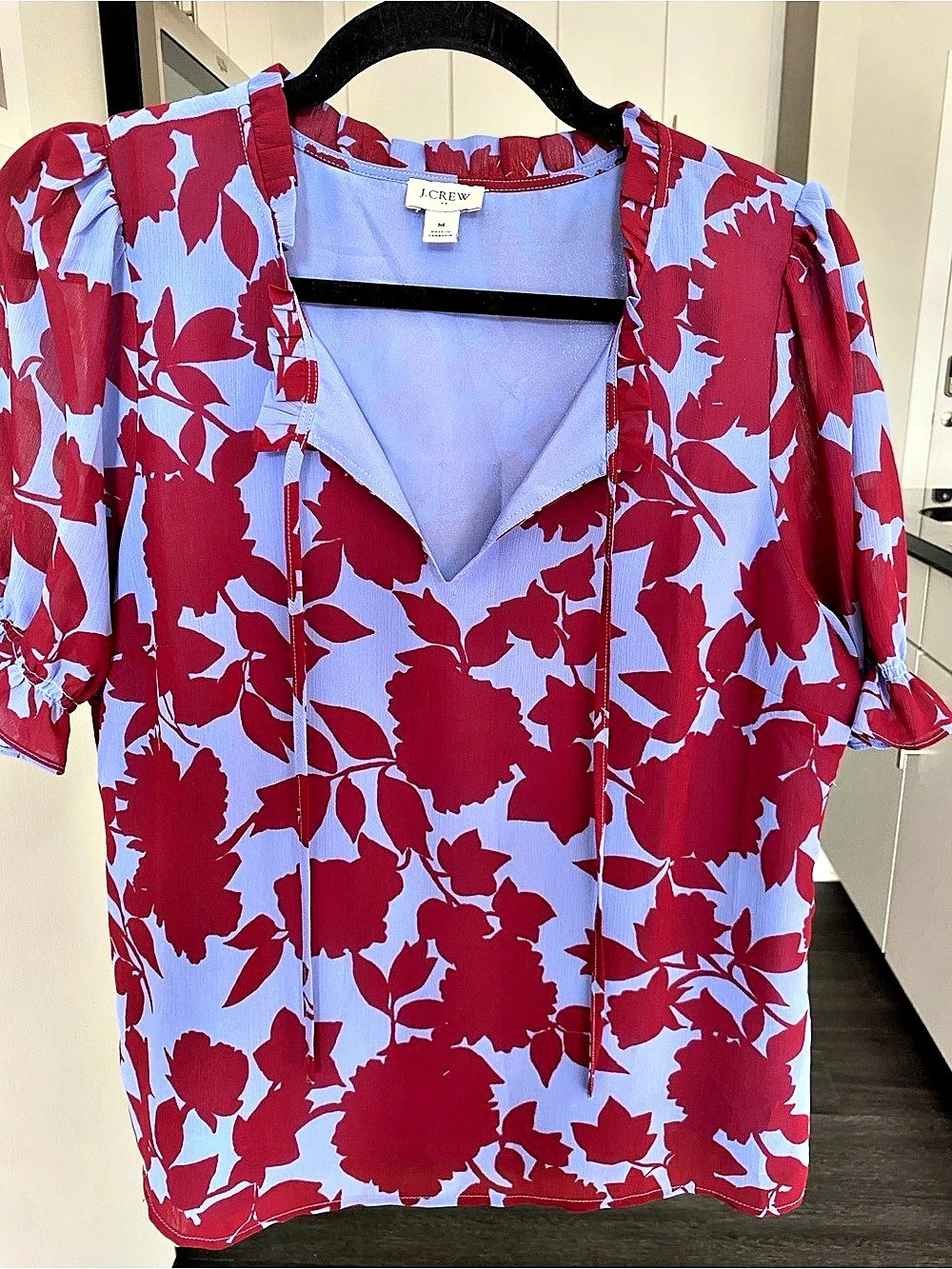 J.Crew Ruffle tie-front top in chiffon Floral Blouse Blue & Red Medium